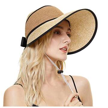 ZORBA Womens Straw Sun Visor Hats Wide Brim Roll-up Foldable Summer Beach Hat Sun Cap with Wind Lanyard & Bow-Knot Khaki