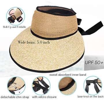 ZORBA Womens Straw Sun Visor Hats Wide Brim Roll-up Foldable Summer Beach Hat Sun Cap with Wind Lanyard & Bow-Knot Khaki
