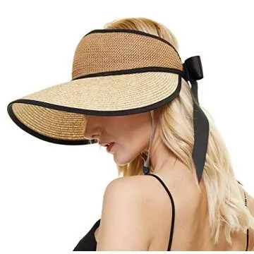 ZORBA Womens Straw Sun Visor Hats Wide Brim Roll-up Foldable Summer Beach Hat Sun Cap with Wind Lanyard & Bow-Knot Khaki