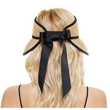 ZORBA Womens Straw Sun Visor Hats Wide Brim Roll-up Foldable Summer Beach Hat Sun Cap with Wind Lanyard & Bow-Knot Khaki