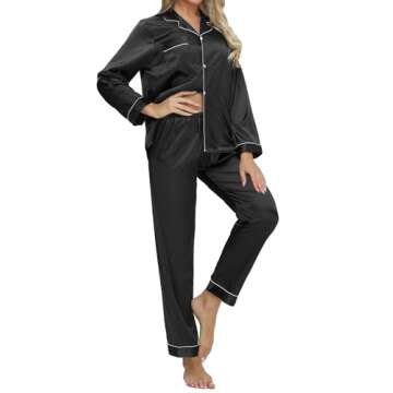 DOLOS Silk Pajamas for Women Set Button Down Satin Pajama Set for Women Long Sleeve 2 Piece Lounge Set Pjs Sleepwear (Black, Medium)