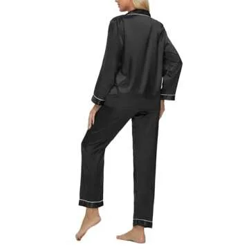 DOLOS Silk Pajamas for Women Set Button Down Satin Pajama Set for Women Long Sleeve 2 Piece Lounge Set Pjs Sleepwear (Black, Medium)