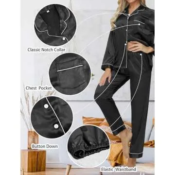 DOLOS Silk Pajamas for Women Set Button Down Satin Pajama Set for Women Long Sleeve 2 Piece Lounge Set Pjs Sleepwear (Black, Medium)