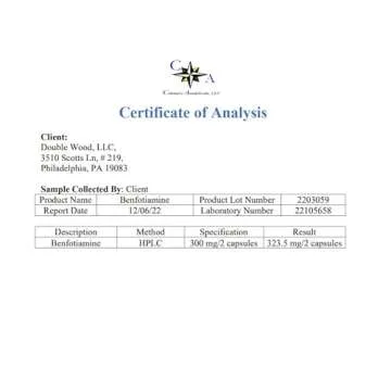 Benfotiamine 300mg Servings (Third Party Tested, 120 Capsules, 150mg Per Cap) Non-GMO, to Boost Thiamine B1 Levels (More Absorbable Than Thiamine, Fat Soluble) by Double Wood