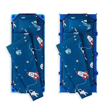 Wake In Cloud - Cot Nap Mat with Pillow and Blanket, for Toddler Kids Boys Girls in Daycare Kindergarten Preschool Pre K with Elastic Corner Straps, Spaces Stars Planet Galaxy, Blue White Red