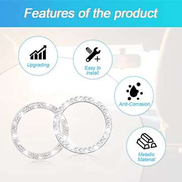 Car Bling Crystal Rhinestone Engine Start Ring Stickers, 1 Single Drainage Drill and 1 Double Drainage Drill Car Start Button Cover, Key Ignition Knob Bling Ring Decals, Bling Car Accessories (Silver)