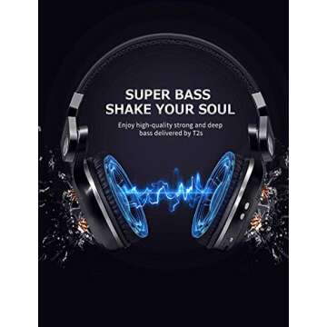 Bluedio T2s Bluetooth Headphones On Ear with Mic, 57mm Driver Rotary Folding Wireless Headset, Wired and Wireless Headphones for Cell Phone/TV/PC, 40 Hours Play Time, Support Voice Control(Black)