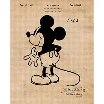Vintage Mickey Fireworks Magic Patent Prints, 4 (8x10) Unframed Photos, Wall Art Decor Gift for Home Walter Disney Work Office School College Student Teacher Coach Cartoon Mouse Filmmaking Fans