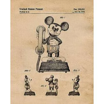Vintage Mickey Fireworks Magic Patent Prints, 4 (8x10) Unframed Photos, Wall Art Decor Gift for Home Walter Disney Work Office School College Student Teacher Coach Cartoon Mouse Filmmaking Fans