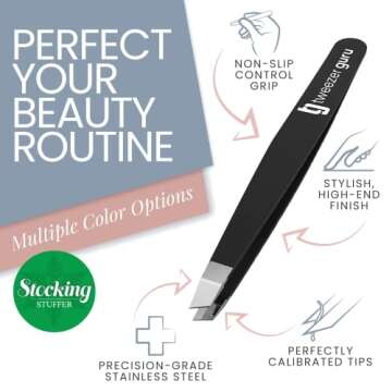 Tweezer Guru Tweezers for Women - Slant Pointed Precision Tweezers for Eyebrows & Ingrown Hair Remov...
