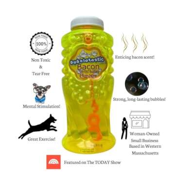 Bubbletastic Bubbles for Dogs 8oz. Bottle of Bacon Bubble Solution - 100% Non Toxic, Tear Free, USA