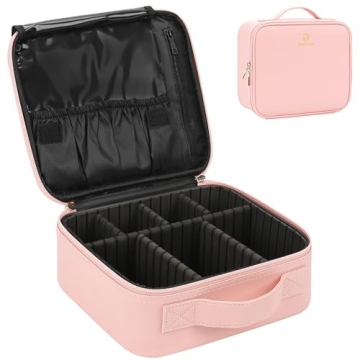 Relavel Pink Travel Makeup Case - Portable Organizer with Adjustable Dividers