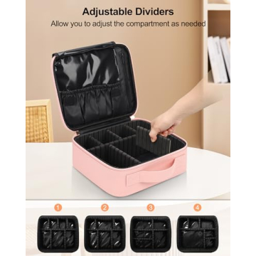 Relavel Pink Travel Makeup Case Adjustable Dividers Organizer