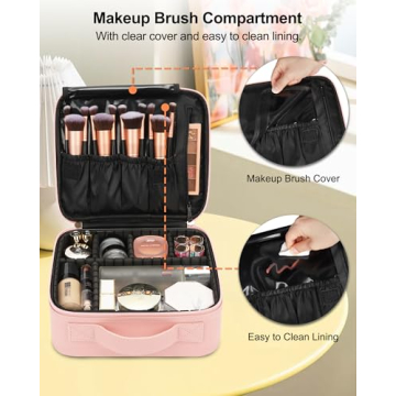 Relavel Pink Travel Makeup Case Adjustable Dividers Organizer