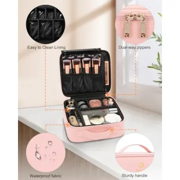 Relavel Pink Travel Makeup Case Adjustable Dividers Organizer