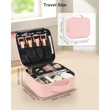 Relavel Pink Travel Makeup Case Adjustable Dividers Organizer