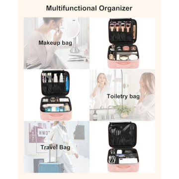 Relavel Pink Travel Makeup Case Adjustable Dividers Organizer