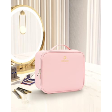 Relavel Pink Travel Makeup Case Adjustable Dividers Organizer