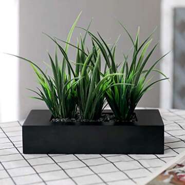 MyGift Artificial Green Grass Plants Potted in 9-inch Matte Black Wood Decorative Planter, Tabletop Faux Greenery in Wooden Rectangular Pot Centerpiece Décor