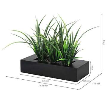 MyGift Artificial Green Grass Plants Potted in 9-inch Matte Black Wood Decorative Planter, Tabletop Faux Greenery in Wooden Rectangular Pot Centerpiece Décor