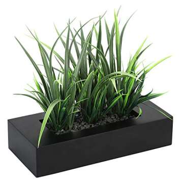 MyGift Artificial Green Grass Plants Potted in 9-inch Matte Black Wood Decorative Planter, Tabletop Faux Greenery in Wooden Rectangular Pot Centerpiece Décor