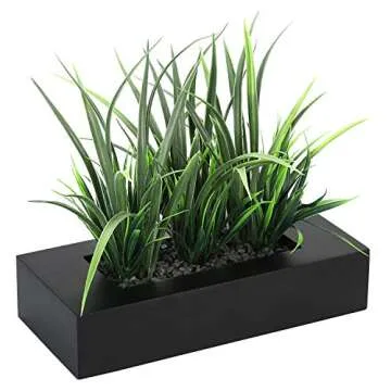 MyGift Artificial Green Grass Plants Potted in 9-inch Matte Black Wood Decorative Planter, Tabletop Faux Greenery in Wooden Rectangular Pot Centerpiece Décor