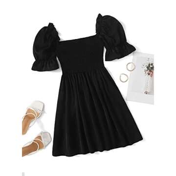 WDIRARA Women's Square Neck Flounce Short Sleeve Shirred Ruffle Hem Dress Black M