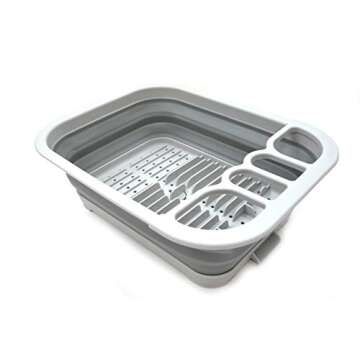 SAMMART Collapsible Dish Drainer with Drainer Board - Foldable Drying Rack Set - Portable Dinnerware Organizer - Space Saving Kitchen Storage Tray (1, Grey)