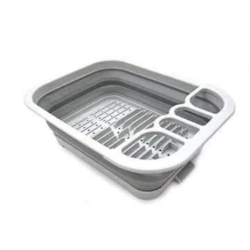 SAMMART Collapsible Dish Drainer with Drainer Board - Foldable Drying Rack Set - Portable Dinnerware Organizer - Space Saving Kitchen Storage Tray (1, Grey)