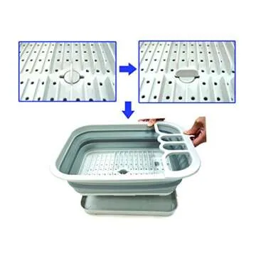 SAMMART Collapsible Dish Drainer with Drainer Board - Foldable Drying Rack Set - Portable Dinnerware Organizer - Space Saving Kitchen Storage Tray (1, Grey)