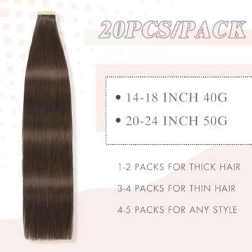 Tape in Hair Extensions Human Hair Darkest Brown Remy Hair Extensions 20pcs 14 Inch Straight Invisible Human Hair Tape in Extensions Skin Weft Tape Extensions Human Hair (2#,14 Inch)