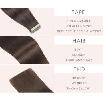 Tape in Hair Extensions Human Hair Darkest Brown Remy Hair Extensions 20pcs 14 Inch Straight Invisible Human Hair Tape in Extensions Skin Weft Tape Extensions Human Hair (2#,14 Inch)