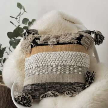 COZYDEKO Throw Boho Pillow Cover, 18”x18” Bohemian Moroccan Rustic Decorative Pillows with Tufted Accents, Plush Handwoven Cotton, Textured Woven Neutral Farmhouse Scandinavian Home Decor