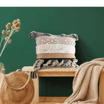 COZYDEKO Throw Boho Pillow Cover, 18”x18” Bohemian Moroccan Rustic Decorative Pillows with Tufted Accents, Plush Handwoven Cotton, Textured Woven Neutral Farmhouse Scandinavian Home Decor