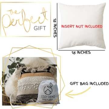 COZYDEKO Throw Boho Pillow Cover, 18”x18” Bohemian Moroccan Rustic Decorative Pillows with Tufted Accents, Plush Handwoven Cotton, Textured Woven Neutral Farmhouse Scandinavian Home Decor