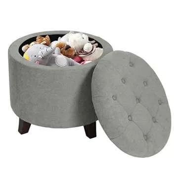 Adeco Fabric Cushion Round Button Tufted Top Lid Footstool, Height 17 Inches Storage Ottoman, Grey