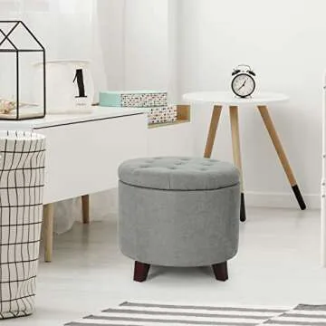 Adeco Grey Round Ottoman with Hidden Storage - 17" High