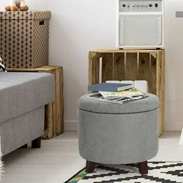 Adeco Grey Round Ottoman with Hidden Storage - 17" High