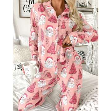 Ecosunny Christmas Santa Pajama Set Women's Long Sleeve Sleepwear Soft Loungewear Two Piece Button Down Pjs Lounge Set Pink