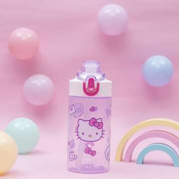 Zak Designs Sanrio Sage Kids Water Bottle For School or Travel, 16oz Durable Plastic Water Bottle With Straw, Handle, and Leak-Proof, Pop-Up Spout Cover (Hello Kitty)