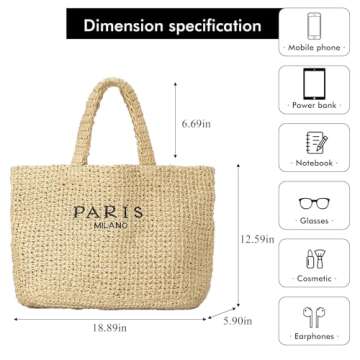 OWGSEE Large Straw Beach Bag for Women Summer Woven Shoulder Tote Bag Straw Purses and Handbags for Vacation (Khaki)