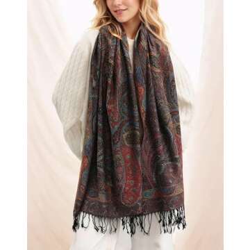 Achillea Soft Silky Reversible Paisley Pashmina Shawl Wrap Scarf w/Fringes (Tapestry Black)