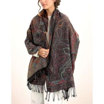 Achillea Soft Silky Reversible Paisley Pashmina Shawl Wrap Scarf w/Fringes (Tapestry Black)