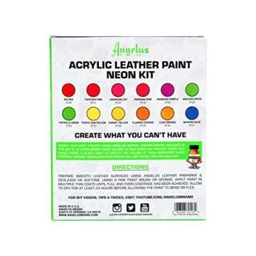 Angelus Neon Acrylic Leather Paint Set – 12 Vibrant Colors, 1 oz Each – Non-Toxic Leather, Canvas, Wood Paints for Customization and Crafting. Flexible, Mixable, Made In USA