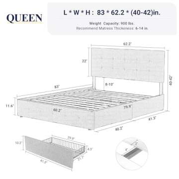 Allewie Upholstered Queen Size Platform Bed Frame with 4 Storage Drawers and Headboard, Square Stitc...