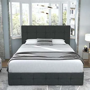 Allewie Upholstered Queen Size Platform Bed Frame with 4 Storage Drawers and Headboard, Square Stitched Button Tufted, Mattress Foundation with Wooden Slats Support, No Box Spring Needed, Dark Grey