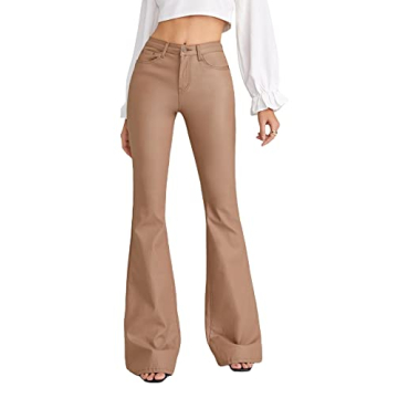 WDIRARA Women's Leather Look Flare Jeans High Stretch Comfort