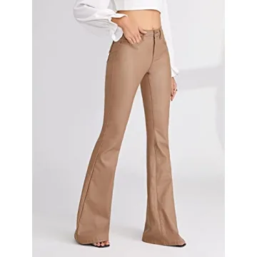 WDIRARA Women's Leather Look Flare Jeans High Stretch Comfort