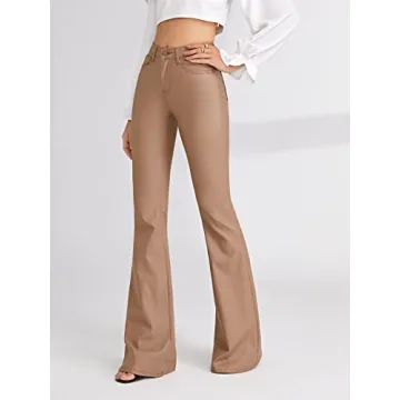 WDIRARA Women's Leather Look Flare Jeans High Stretch Comfort