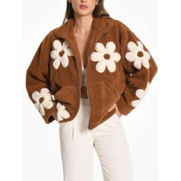 KEOMUD Women’s Cozy Floral Sherpa Jacket for Winter